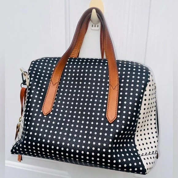 Vintage Fossil Black & White Polka Dot Handbag Crossbody or Shoulder Bag - Picture 13 of 14